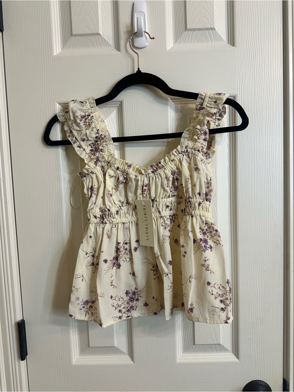 Floral Ruffle Strap cropped Top - Cream with Purple Flowers